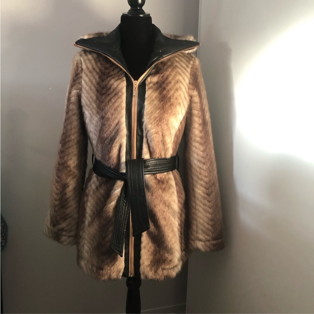 Guess Faux Fur Belted Jacket - Brown and Black - Picture 2 of 12